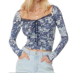 Free People Blue Patterned Long Sleeve Crop Top